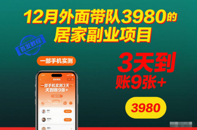 12月外面带队3980的居家副业项目,一部手机实测3天到账9张+,首发教程【揭秘】-七量思维