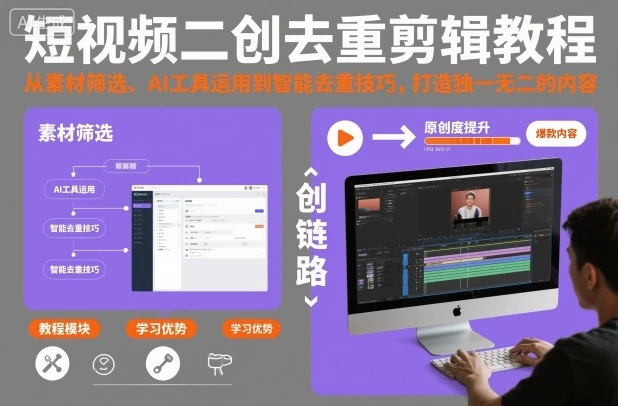 【精】短视频二创去重剪辑教程，从素材筛选、AI工具运用到智能去重技巧，打造独一无二的内容-七量思维