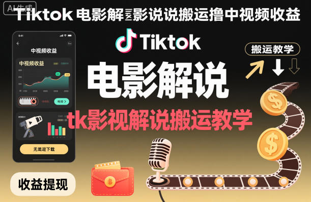 Tiktok电影解说搬运撸中视频收益，tk影视解说搬运教学-七量思维