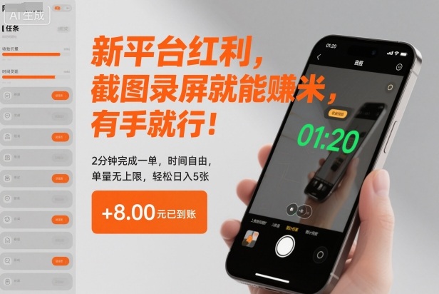 新平台红利，截图录屏就能賺米，有手就行！2分钟完成一单，时间自由，单量无上限，轻松日入5张【揭秘】-七量思维