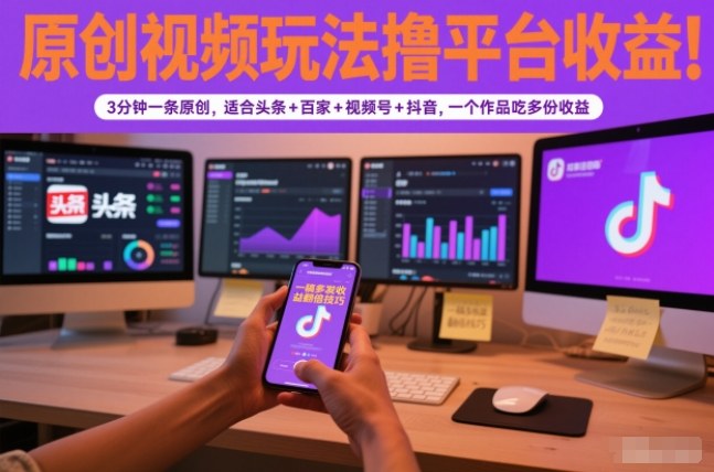 原创视频玩法撸平台收益,3分钟一条原创,适合头条+百家+视频号+抖音,一个作品吃多份收益-七量思维