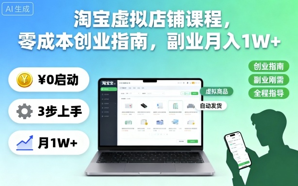 淘宝虚拟店铺课程,零成本创业指南,副业月入1W+-七量思维