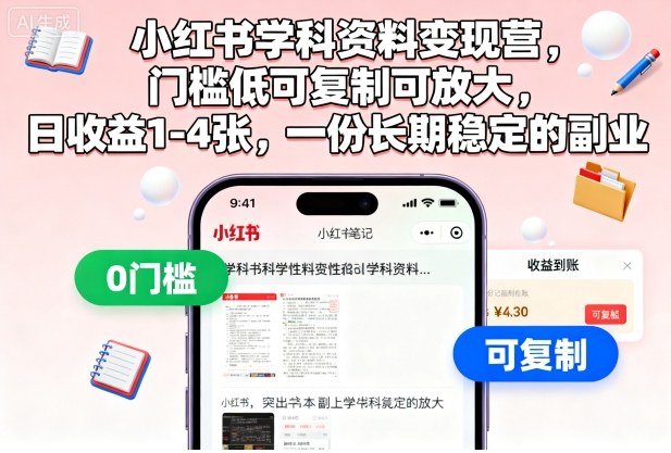 小红书学科资料变现营,门槛低可复制可放大,日收益1-4张,一份长期稳定的副业-七量思维