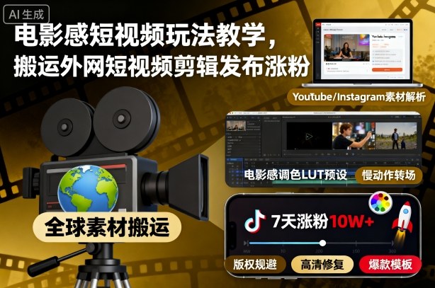 电影感短视频玩法教学,搬运外网短视频剪辑发布涨粉-七量思维