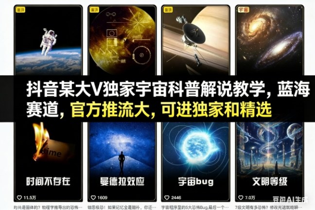 抖音某大V独家宇宙科普解说教学,蓝海赛道,官方推流大,可进独家和精选-七量思维