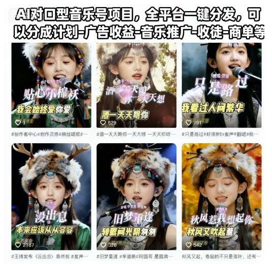 AI对口型音乐号项目,全平台一键分发,可以分成计划-广告收益-音乐推广-收徒-商单等-七量思维